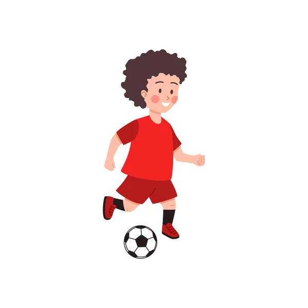 Kid boy running with soccer ball, cartoon flat vector illustration isolated. — Stock Vector