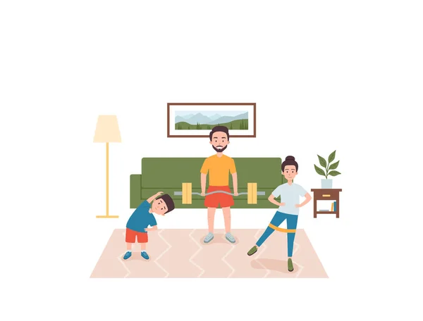 Família feliz fazendo exercícios esportivos em casa, ilustração vetorial plana isolada. — Vetor de Stock