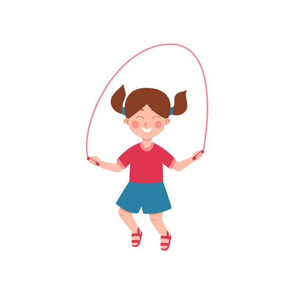 Gyermek lány rajzfilm karakter jumping kötél, lapos vektor illusztráció elszigetelt. — Stock Vector