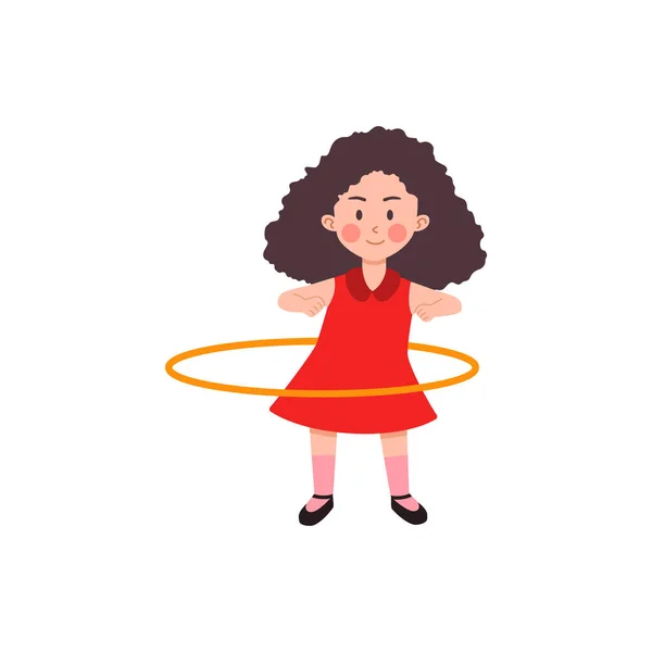 Bébé fille jouer avec hula hoop, dessin animé plat vecteur illustration isolé. — Image vectorielle