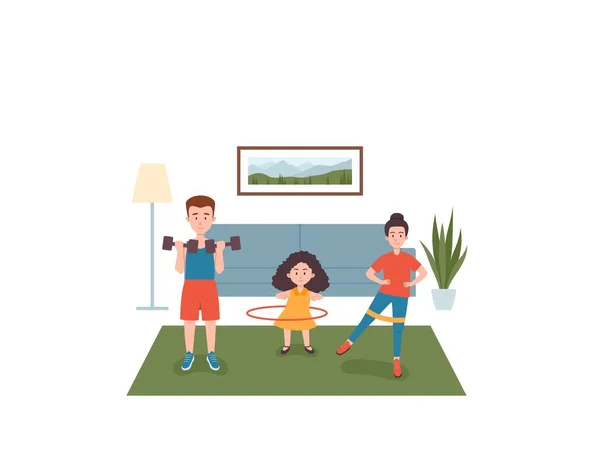 Moeder, vader en dochter thuis aan het trainen, vectorillustratie geïsoleerd. — Stockvector