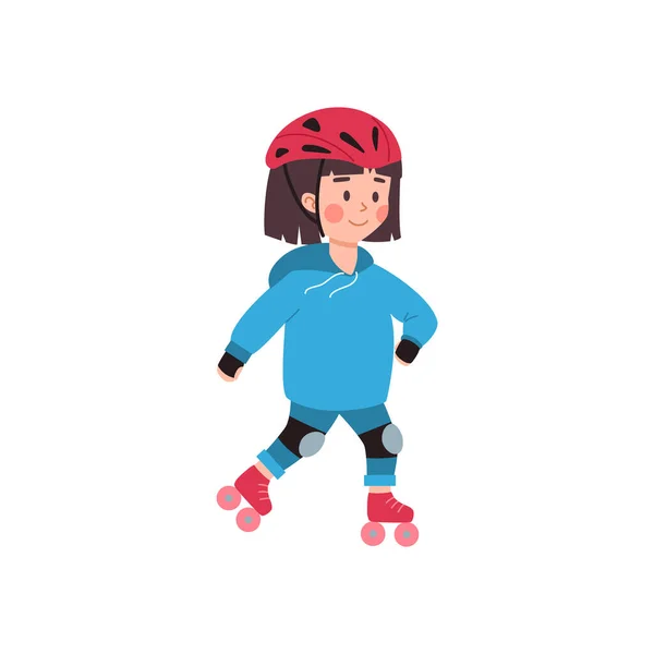 Chica con casco rodando en hojas de rodillo, ilustración de vector plano aislado. — Vector de stock