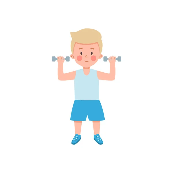 Niño haciendo ejercicio con pesas, ilustración vectorial plana aislada en blanco. — Vector de stock