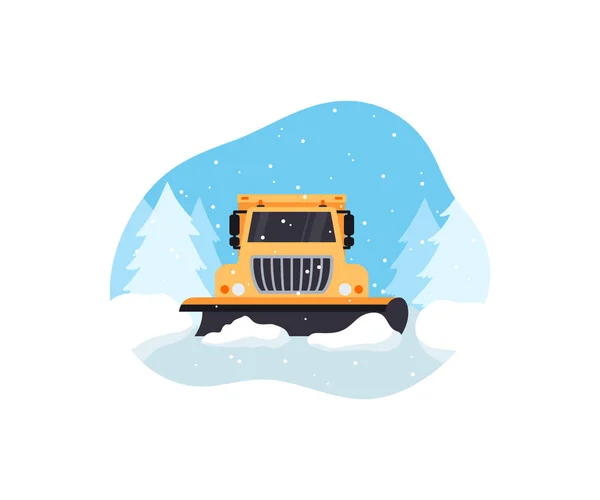Schneepflug-LKW reinigt schneebedeckte Autobahn, flache Vektordarstellung isoliert auf weißem Hintergrund. — Stockvektor