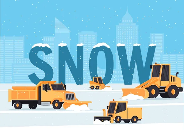 Snow removal trucks advertising banner, winter service vehicles cleaning city streets, flat vector illustration. — Stock Vector