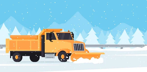 Chariot de chasse-neige enlève la neige de la route, paysage d'hiver dans le style plat, illustration vectorielle. — Image vectorielle