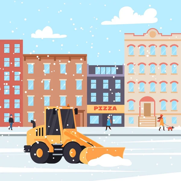 Camión de arado de nieve limpia calles de la ciudad después de tormenta de nieve, paisaje urbano plana vector ilustración. — Vector de stock