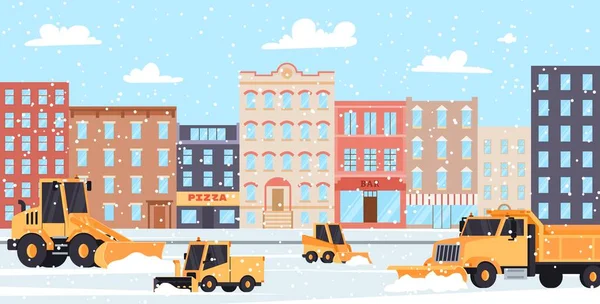 Paesaggio urbano invernale con camion spazzaneve pulizia strade da neve e ghiaccio, illustrazione vettoriale piatta. — Vettoriale Stock