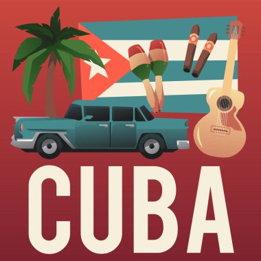 Geleneksel Küba elementleri araba, palmiye ağacı, puro, marakas ve bayrak - düz vektör illüstrasyonu.