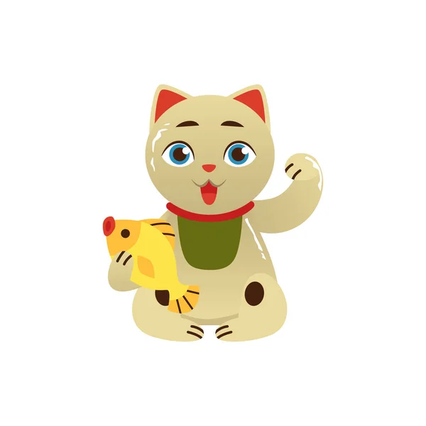 Maneki neko katt håller gyllene fisk som symbol för välstånd, platt vektor illustration isolerad på vit bakgrund. — Stock vektor