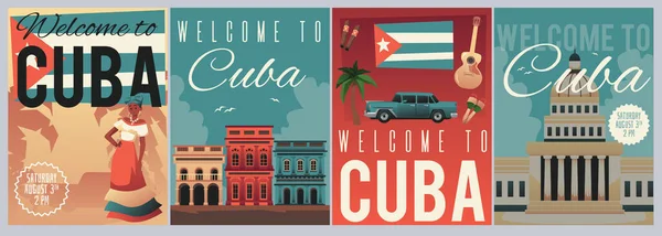 Bienvenidos a Cuba carteles con elementos tradicionales de la cultura cubana - ilustración vectorial plana. — Vector de stock