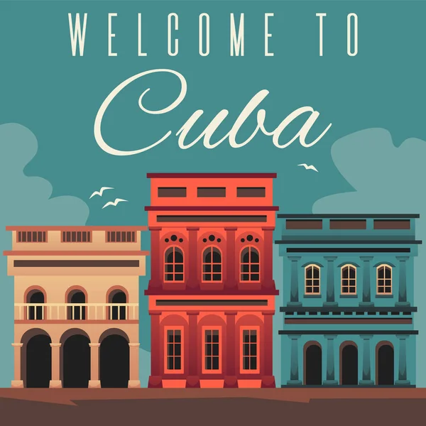 欢迎来到古巴方块旅游复古海报模板，平面矢量图解. — 图库矢量图片