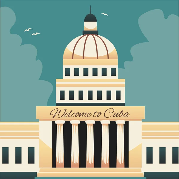 L'Avana Capitol building e benvenuti a Cuba testo - illustrazione vettoriale piatta. — Vettoriale Stock