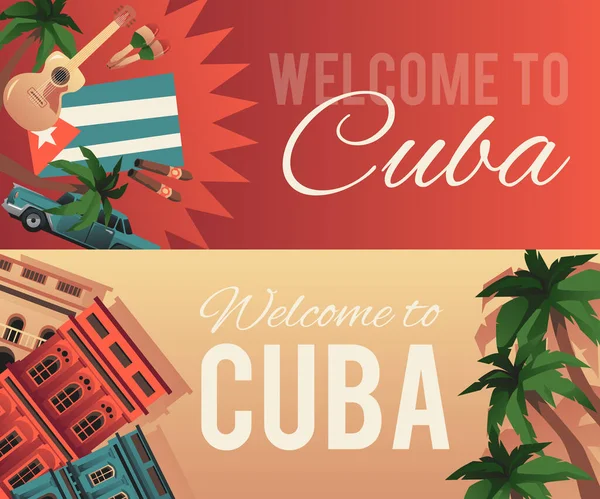 Cuba pliante de călătorie sau bannere orizontale set, ilustrație vectorială plat. — Vector de stoc