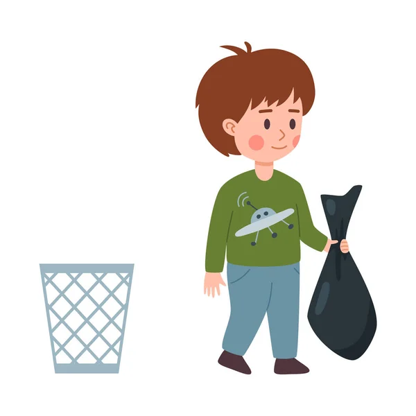 Il ragazzo getta spazzatura nella spazzatura, illustrazione vettoriale piatta isolata sul bianco. — Vettoriale Stock
