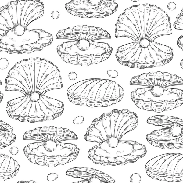 Seamless decorative pattern with pearls in shells, sketch vector illustration. — Stock Vector
