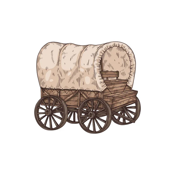 Old wooden cart with fabric roof in western style, colored sketch vector illustration isolated on white background. — Stock Vector