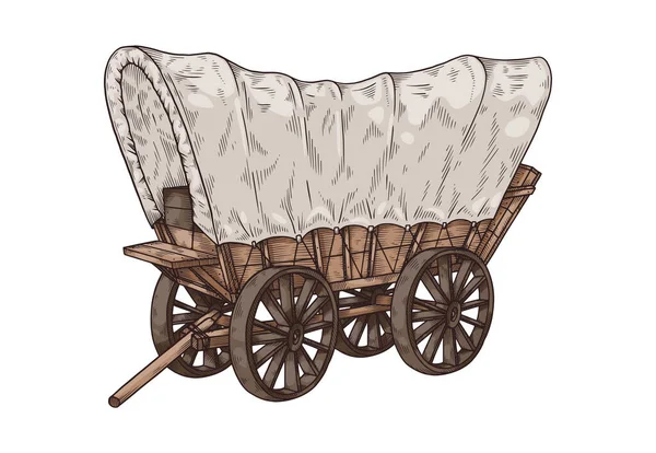 Carro o carrozza in legno vintage in stile bozzetto occidentale, illustrazione vettoriale isolata su sfondo bianco. — Vettoriale Stock