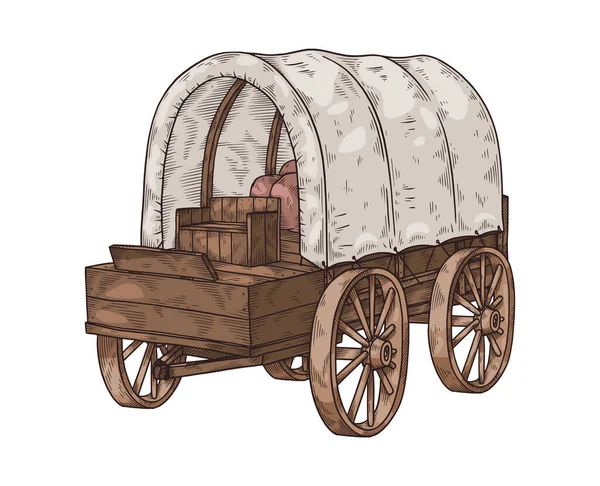 Carro de madeira velho desenhado à mão no estilo ocidental do esboço, ilustração do vetor isolada no fundo branco. — Vetor de Stock
