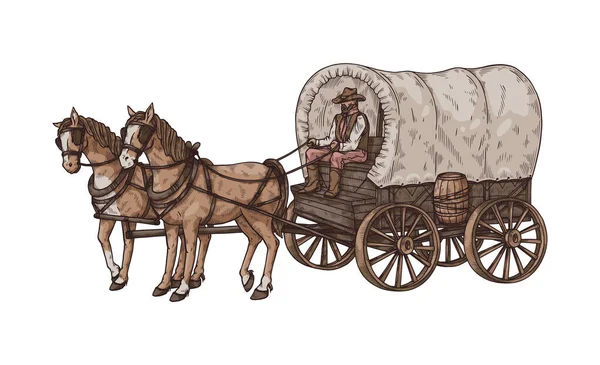 Oude paardenkoets of wagen met koetsier, schets vectorillustratie geïsoleerd. — Stockvector