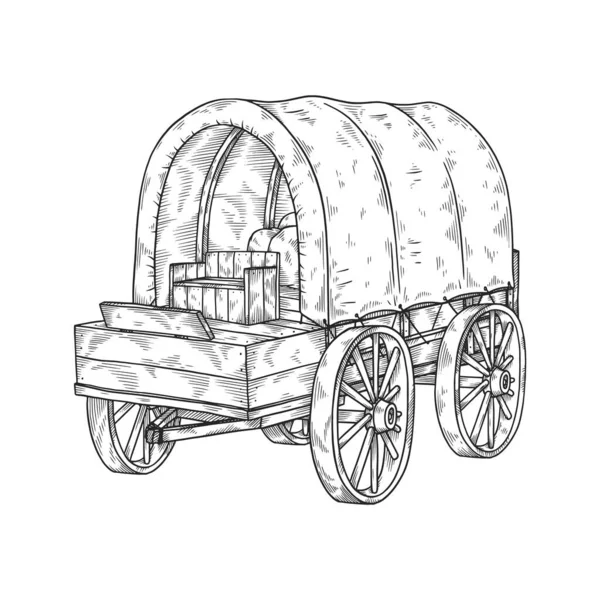 Gammal västra vagn med monokrom gravyr, skiss vektor illustration isolerad på vit bakgrund. — Stock vektor