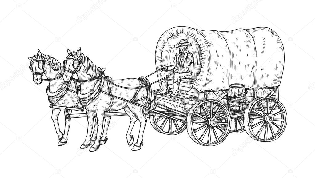 Horse pulling carriage or vintage wagon, sketch vector illustration isolated.