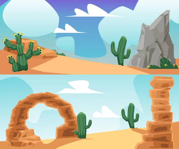 Paisaje desértico africano con formación de arco, rocas y cactus - ilustración vectorial plana. — Vector de stock