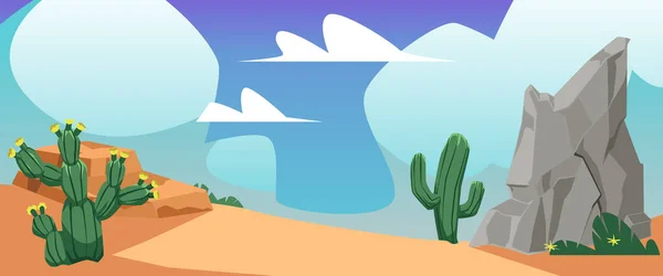 Paesaggio desertico con cactus tropicali, sabbia e roccia - illustrazione vettoriale piatta. — Vettoriale Stock