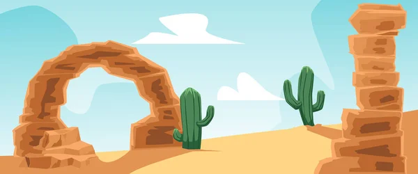 Paesaggio desertico con cactus e rocce, illustrazione vettoriale piatta. — Vettoriale Stock