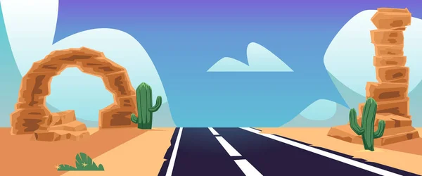 Carretera de carretera en el paisaje vacío desierto de arena, ilustración vector plano. — Archivo Imágenes Vectoriales
