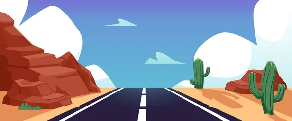 Paesaggio occidentale nel deserto con strada statale, scogliere rocciose e cactus - illustrazione vettoriale piatta. — Vettoriale Stock