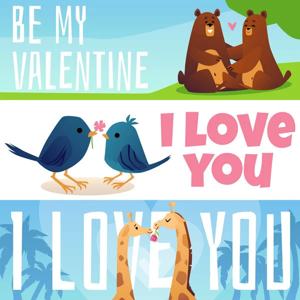 Valentinstag Flyer Set mit liebevollen niedlichen Tieren flache Vektorillustration. — Stockvektor