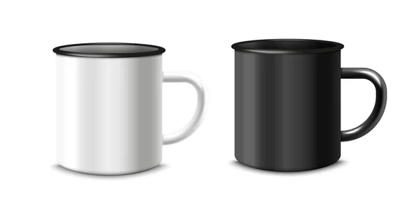 Tazas de esmalte o tazas fotorrealistas plantilla vector ilustración aislado. — Vector de stock