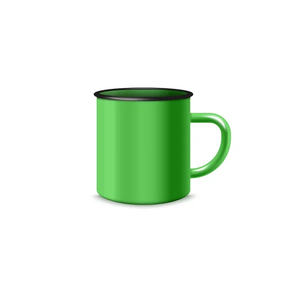 Realistic green enamel mug in 3d style, vector illustration isolated on white background. — Stock Vector