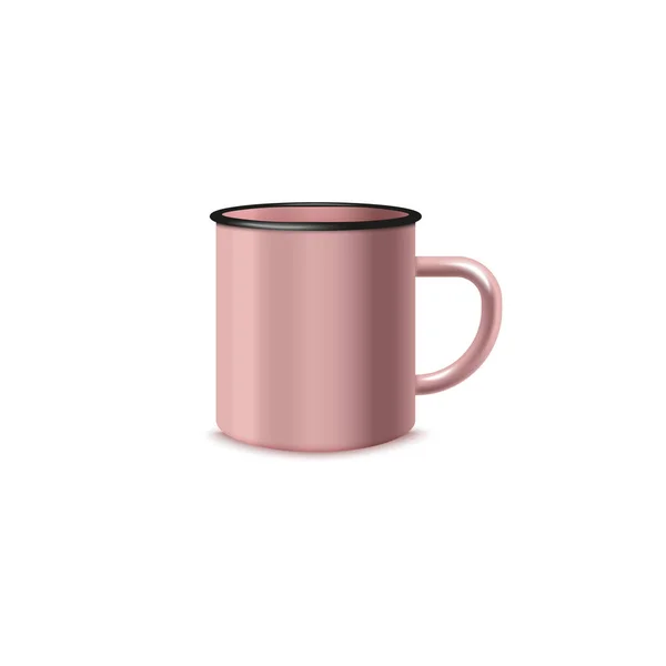 Taza de té o café de esmalte rosa en blanco ilustración vectorial realista aislado. — Vector de stock