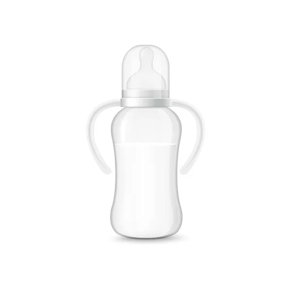 Baby bottle filled with milk with plastic cap, handlers and nipple, 3d vector illustration isolated on white background. — Stock Vector