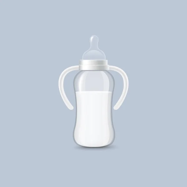Bottiglia realistica per bambini con latte, contenitore per alimenti per l'alimentazione dei bambini, illustrazione vettoriale isolata su sfondo grigio. — Vettoriale Stock