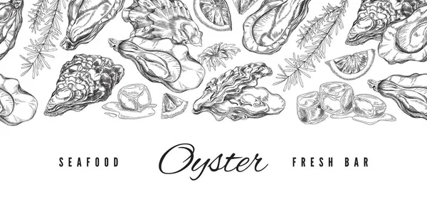 Banner de bar de frutos do mar com vieiras e ostras, gravura ilustração vetorial. —  Vetores de Stock