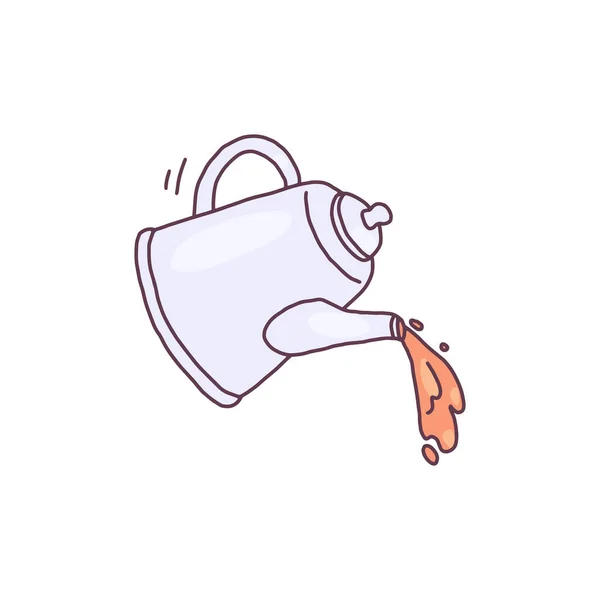 Tekanna eller kaffe vattenkokare med flytande dryck, doodle vektor illustration isolerad. — Stock vektor