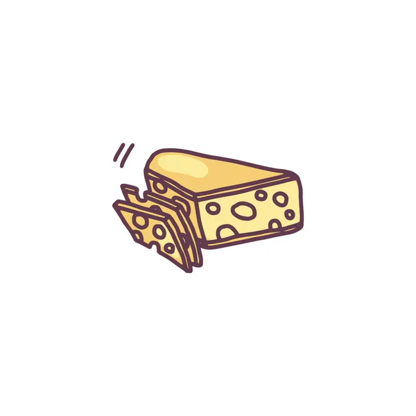 Τυρί Cheddar μπλοκ και φέτες, doodle διανυσματική απεικόνιση απομονώνονται σε λευκό φόντο. — Διανυσματικό Αρχείο