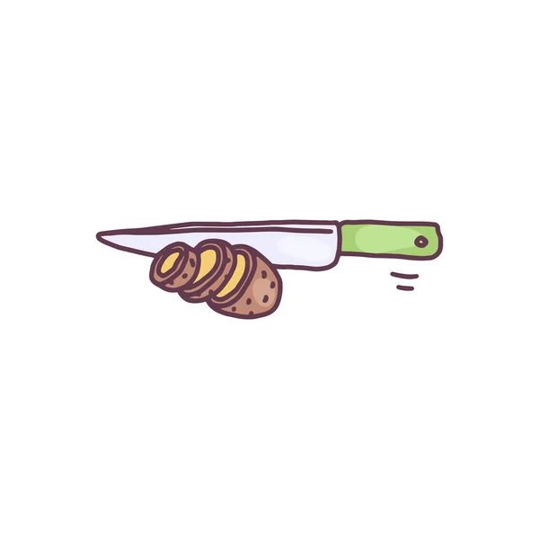 Kniv skära potatis i handritade klotter stil, vektor illustration isolerad på vit bakgrund. — Stock vektor