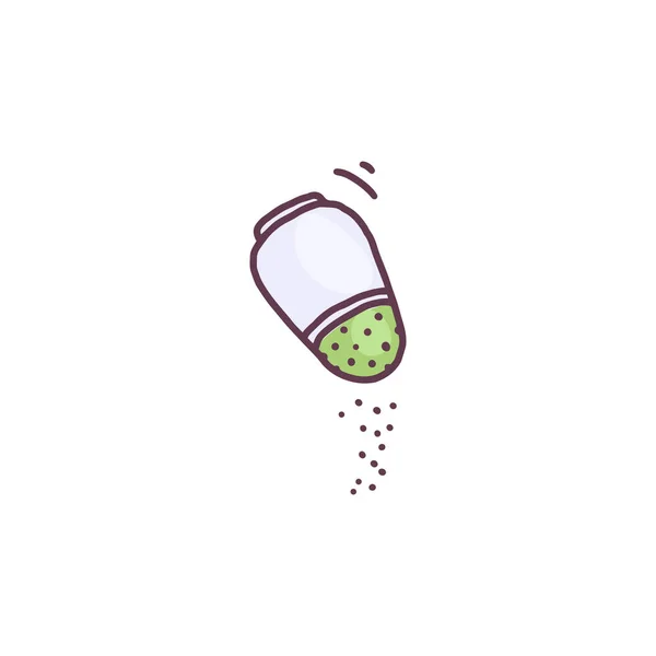 Pepe shaker condimento alimentare con granturco pepe macinato, doodle vettoriale illustrazione isolato su sfondo bianco. — Vettoriale Stock