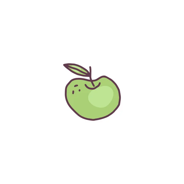 Manzana verde con hoja dibujada a mano ilustración vectorial garabato color aislado. — Vector de stock