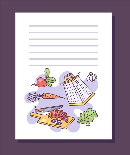 Ricetta libro pagina con posto per testo e verdura vettoriale illustrazione isolato. — Vettoriale Stock
