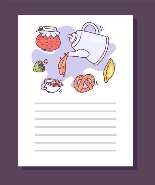 Baking recipe card with teapot and baked food, hand drawn vector illustration. — Stock Vector