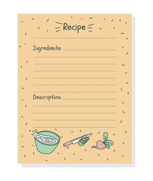 Recipe sheet template with empty space for ingredients and description, doodle vector illustration. — Stock Vector