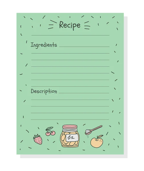 Modelo de folha de caderno de receitas com lista de ingredientes e descrição, ilustração do vetor doodle. — Vetor de Stock