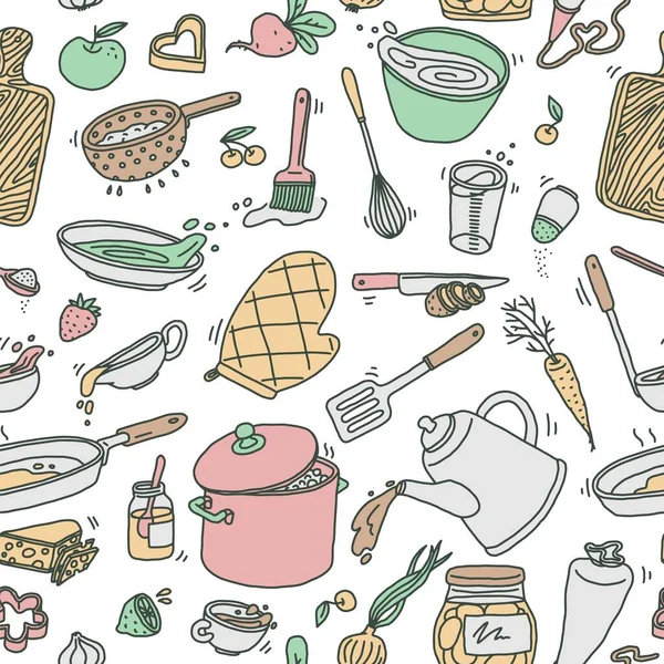 Küchenutensilien und Lebensmittelzutaten nahtlose Muster im Doodle-Stil, Vektorillustration auf weißem Hintergrund. — Stockvektor