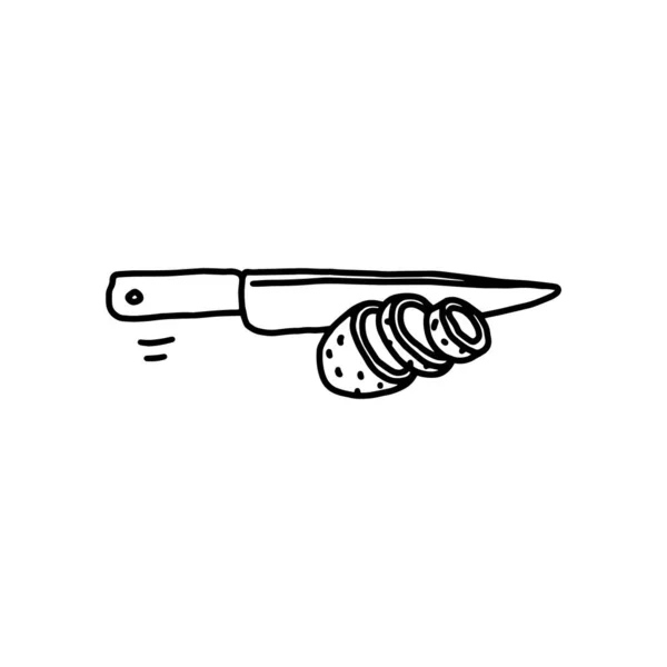 Mutfak bıçağı sebzeleri keserken elle çizilmiş karalama vektörü çizimi izole edilmiş.. — Stok Vektör
