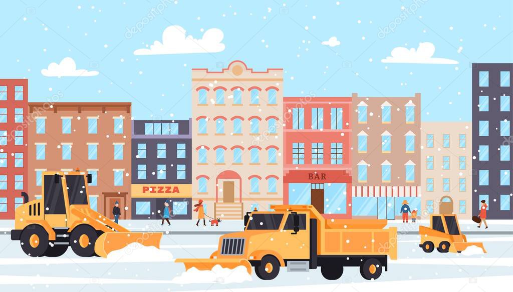 Winter street with snowplow trucks and snow blowers, flat vector illustration.